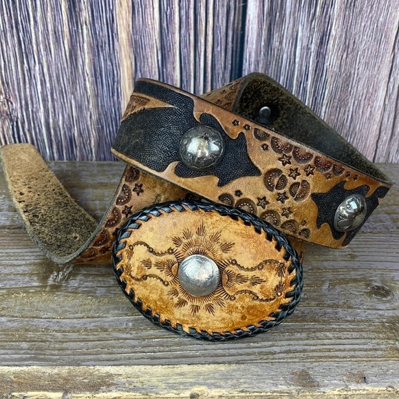 Vintage Genuine Brown Leather Belt W/ Engraved Eagles & Stars- Unbranded